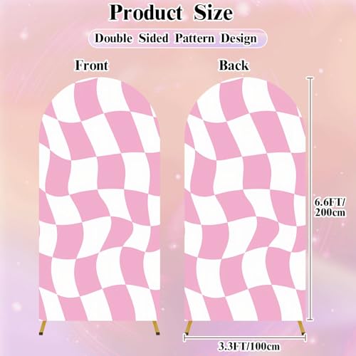 6.6FT Wedding Arch Backdrop Cover Wavy Checkered Pink White Graphic Retro Seamless Spandex Fitted Fabric Round Top Stretchy Stand Covers for Baby Shower Birthday Party Decoration - color: Color1, size: 6.6x3.3 FT