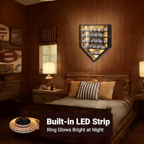 Multi-Tiered Wall Mount Ring Display Case – 25-Slot Baseball Ring Holder with LED Light, Moisture-Proof Wooden Ring Case, Multi-Functional Jewelry Rack for Championship Rings & Watches