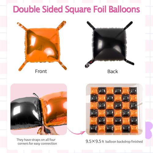 36pcs Black & Orange Square Foil Balloons Kit - Halloween Balloon Backdrop Wall Arch for Thanksgiving, Birthday, Graduation Party Decorations (Includes Straws & Ribbon) - color: Black Orange