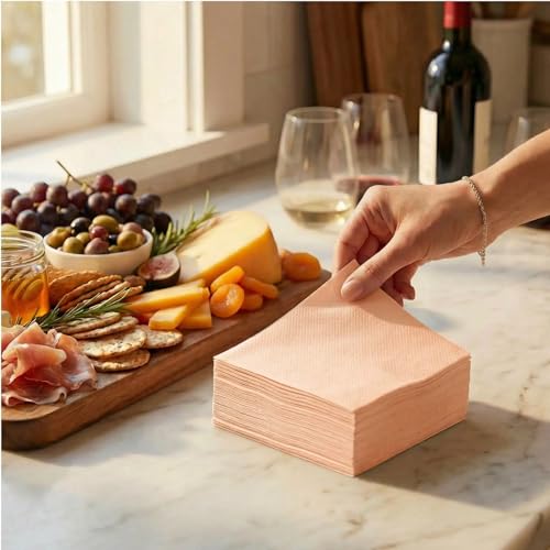 AH AMERICAN HOMESTEAD Paper Cocktail Napkins - Linen-Like Disposable Beverage Bar Napkins 4.75" x 4.75" - Bulk Square Napkins - Ideal for Party or Wedding (Peach -100 Count) - color: Peach, size: 4.75 x 4.75