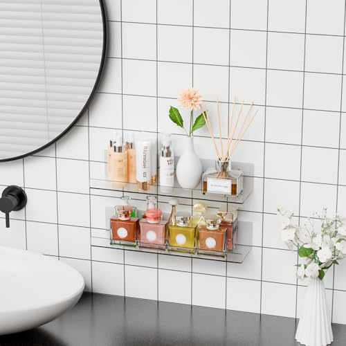 2 Pack Clear Acrylic Shelves for Wall with Adhesive,15 Inch No Drill Floating Shelves for Bathroom,Bedroom,Renter Friendly,Kids Room Bookshelf,Wall Display Shelf for Lego,Funko Pop,Figurine,Perfume - size: 15 Inch - 2 Pack