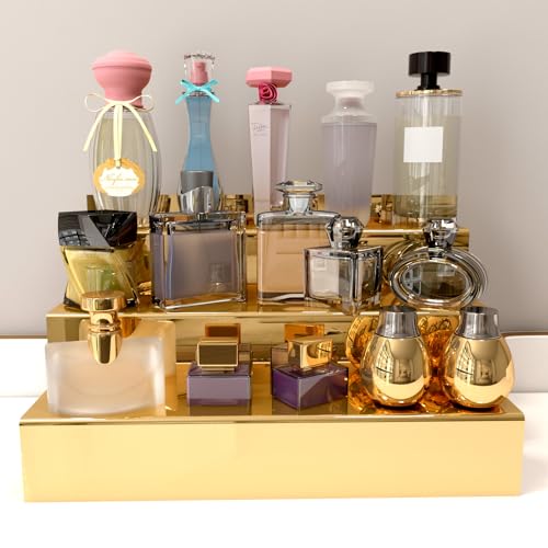 YMVV 12 IN Mirror Gold Acrylic 3 Tier Display Riser Perfume Organizer, Perfume Cologne Organizer Holder, Pops Toy Figures, Clear Cupcake Riser, Dessert Shelf - color: Mirror Gold+12IN+3 Tier