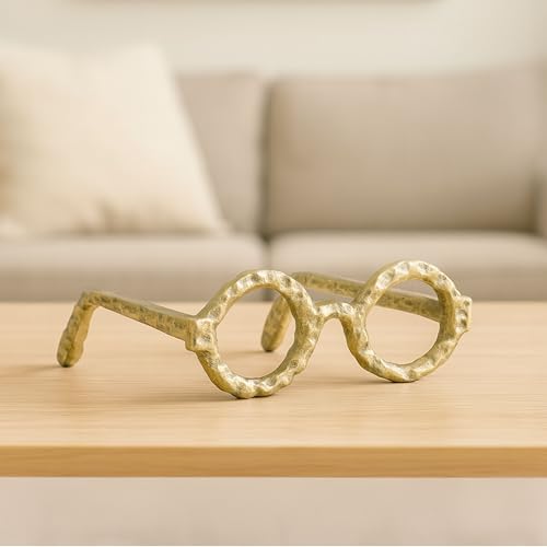 Round Glasses Decorative Object – Aluminum Sculpture Modern Home Decor Ornament – Shelf Styling & Coffee Table Decor for Bathroom, Office & Living Room – 7"x3", Gold - color: Gold Round