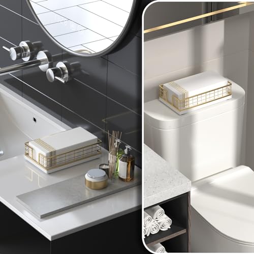 Wican Guest Towel Holder Tray for Bathroom, Oak and Iron Napkins Holder for Powder Room Dinning Table Wooden Basket for Disposable Paper Hand Towels Gold and White - color: Gold/White, size: 9.06 x 5.51 x 2.56 inchs