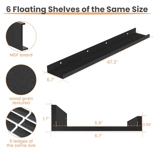 upsimples Floating Shelves for Wall, 47.3 Inch Shelves for Decor Storage Set of 6, Wall Mounted Wood Shelf for Bedroom, Living Room, Bathroom, Kitchen, Long Picture Ledge Shelves, Black - color: Black, size: 47.3in
