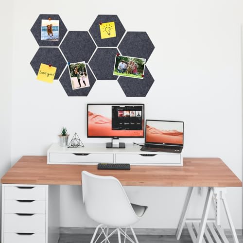 8 Pcs Hexagon Felt Cork Bulletin Board Tiles, Self Adhesive DIY Bulletin Board Pin Board for Office School Home Wall Decor Memos Photos Display(Deep Grey) - color: B- Deep Grey, size: Hexagon