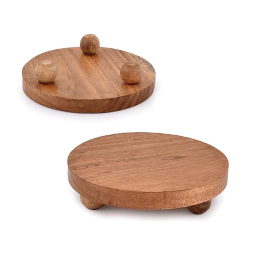 NIRMAN Display Stand Round Acacia Wood Stand for Display Wooden Stand for Kitchen/Bathroom Counter/Plant Stand (5.5" x 5.5" x 1.5"), (Set of 2)