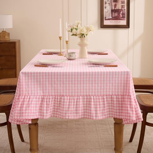 Romanstile Gingham Ruffled Tablecloth Rectangle - Waterproof Linen Cotton Checkered Table Cloth, Outdoor Plaid Table Cover for Picnic, Camping, Party - 60 x 120 Inch, Pink - color: Pink Plaid, size: 60" x 120" (Rectangular)
