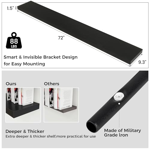 Venusmiles Floating Shelves for Wall, Engineered Wood Wall Shelves with Invisible Brackets for Living Room Bedroom Bathroom Office Kitchen Decor and Storage (Black, 72" W x 9" D x 1.5" H) Set of 1 - color: Cool Black, size: 72"W, Set of 1