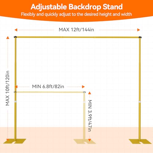 Pipe and Drape Backdrop Stand Kit 12x10ft, Heavy Duty Back Drop Adjustable Stand with Carry Bag, Metal Background Frame for Parties Wedding Birthday Decoration Photography Photo Booth Video - Gold - color: Gold, size: 12x10ft