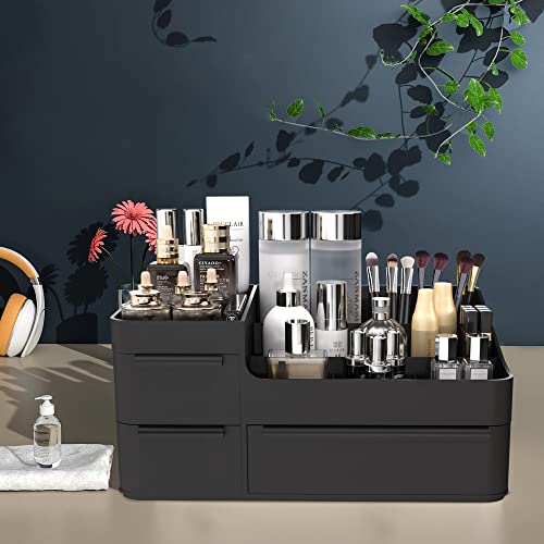 Makeup Organizer with Drawers, Countertop Organizer for Vanity, Bathroom and Bedroom Desk Cosmetics Display Case for Brushes, Lotions, Perfumes, Eyeshadow, Lipstick and Nail Polish - color: Black