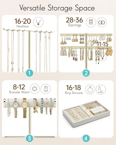 VLANDO 3 Tier Jewelry Stand Organizer with Tary, Leather Jewelry Holder Display for Women, Gold Jewlery Holder Display for Necklace, Earring, Bracelet, Rings - Cloud White - color: B. Cloud White, size: 3-Layer