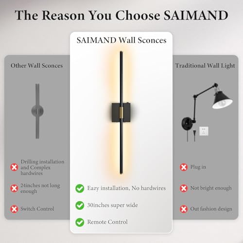 SAIMAND Wall Sconces Set of 2 Battery Operated, Wireless USB Rechargeable Wall Lights with Remote Control, 360° Rotation, 8000mAh LED Dimmable Picture Lamp for Living Room,Bedroom,Hallway (30in Black) - color: Black
