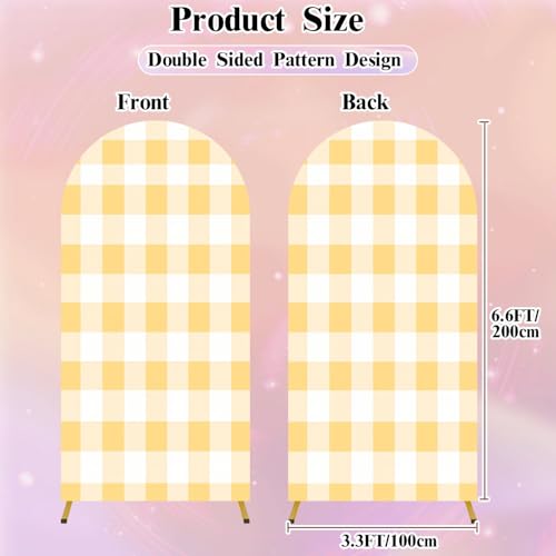 6.6FT Wedding Arch Backdrop Cover Yellow Gingham Fabric Square Checkered Seamless Texture Spandex Fitted Fabric Round Top Stretchy Stand Covers for Baby Shower Birthday Party Decoration - color: Color3, size: 6.6x3.3 FT