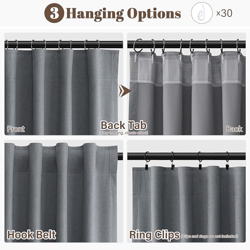 Grey Linen 100% Blackout Curtains for Bedroom 90 Inches Long 2 Panels Set Elegant Farmhouse Black Out Light Blocking Room Darkening Soundproof Back Tab Hook Belt Drapes for Living Room Office 52x90 - color: Grey, size: 52"W x 90"L (Pack of 2)