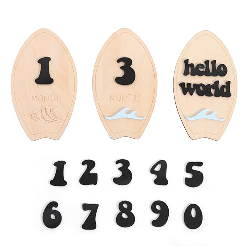 Wooden Surf Baby Monthly Milestone Cards - Beach First Year Monthly Milestone Markers, Ocean Waves Interchangeable Month Milestone Discs, Baby Photo Props