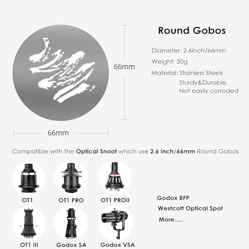 20Pcs Round Gobos Kit for Optical Snoot,66mm/2.6in Metal Plate Patterns for Spotlight Attachment Compatible with Godox BFP/OT1/OT1 Pro/II/Westcott Optical Spot,for Portraits/Product/MV/YouTube - style: 20packs Patterns