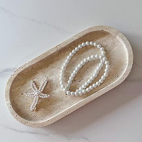 Natural Marble Oval Tray Ornaments Vintage Small Tray Storage Dish for Counter, Vanity, Dresser, Nightstand and Desk (Beige Travertine) - color: Beige Travertine