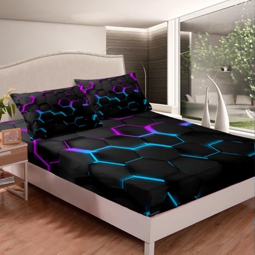 Manfei Honeycomb Fitted Sheet Queen Size, Geometric Hexagon Bedding Set, Abstract Purple Blue Bed Cover with 2 Pillowcases, Kids Girls Room Decor, Soft Polyester Bedding(No Top Sheet) - color: Black Purple Blue, size: QUEEN (W60*L80*H16")