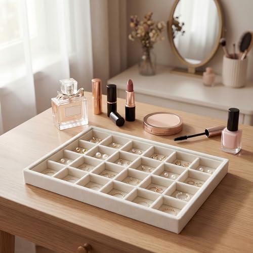Frebeauty 24 Grid Earring Holder Organizer Tray, Jewelry Organizers and Storage for Drawer,Velvet Jewelry Display Storage for Earrings,Rings,Studs,10.5 x 6.5 x 1.2 Inches Gift for Women (Beige) - color: Beige, size: Set1