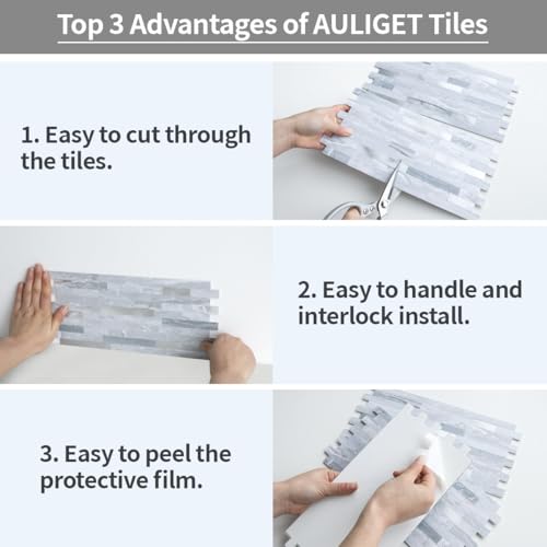 AULIGET Faux Stone Peel and Stick Backsplash, Light Grey Marble Look PVC Mixed Metal Wall Tiles Stick on Backsplash - color: Light Grey + Metal Silver, size: 2 Sheets, 6"x12"x0.12"