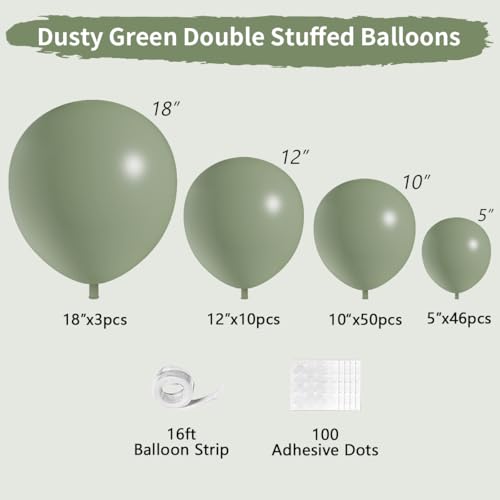 Dusty Green Double Stuffed Balloons Different Size 115Pcs 5/10/12/18" Sage Green Balloons Garland kit for Birthday Baby Shower Wedding Engagement Bridal Shower Party - color: Dusty Green