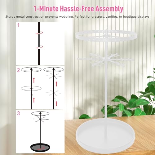 360 Rotating 2-Tier Jewelry Organizer Stand, Large Earring Holder Organizer with 48 Holes for Studs,24 Prongs for Necklaces, Wide Base for Bracelets, Watches, Lipstick, Jewelry Display Stand for Women - color: Metal,2-Tier,White