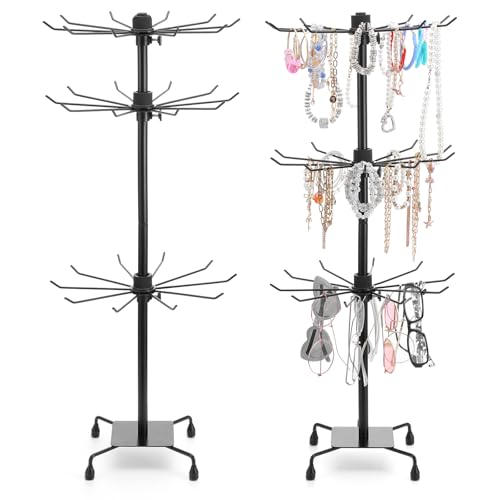 2 Pcs Jewelry Rack, Rotating Jewelry Stands with Hooks, Adjustable Display Holder Organizer, Metal Display Stand for Earrings, Necklace & Bracelet, Vendor Booth Accessories (Black)