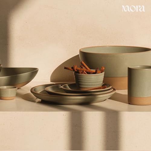 MORA Medium Plates Set of 4, 8.5 inch Ceramic Pottery Salad Plates - Microwave, Oven and Dishwasher Safe - Thyme - color: Thyme