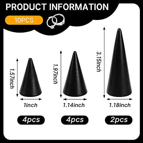 Black Wood Cones, 10Pcs 3 Different Sizes Wood Cone Rings Holder Jewelry Display Stand Vertical Shaped Wooden Cones for Girls Women DIY Craft - color: Black