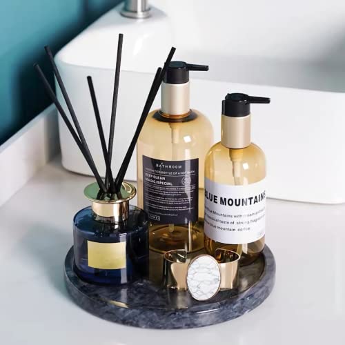 Genuine Black Marble Round Tray, High End Decorative Tray for Bathroom, Kitchen, Dresser and Vanity (Black 8")