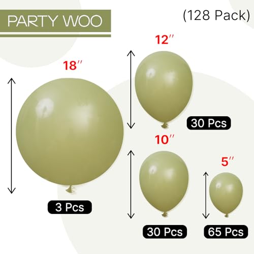 PartyWoo Sage Green Balloons 128pcs Different Sizes of 18 12 10 5 Inch Olive Boho Green Latex Balloon Arch Kit for Wedding Birthday Dinosaur Jungle Golf Football Theme Party Decorations Green-F11 - color: Sage Green-f11