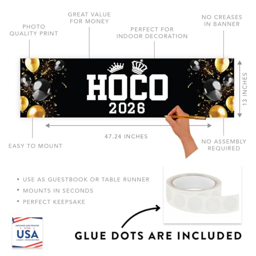 Andaz Press Large Homecoming Decorations 2026, Homecoming Banner with Balloon Crown Design, Black & Gold HOCO Sign Banner with Adhesive Dots, High School Dance HOCO Decorations 2026, 13x48 Inch - color: HOCO Dance Banner