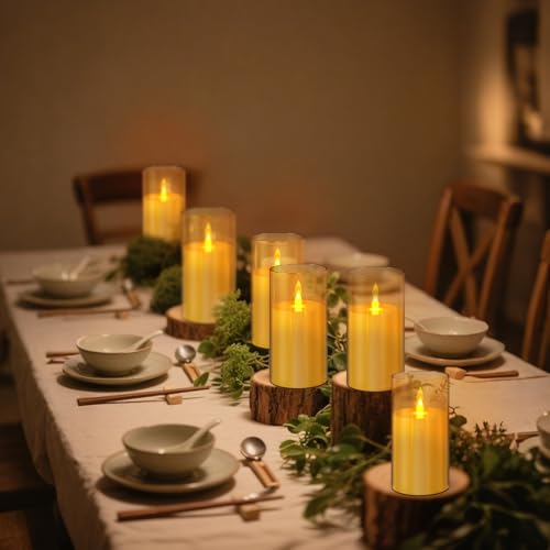 wemarry Flameless Candles Acrylic Glass Pillars 3" D x 6" H Battery Operated Flickering Candles Include 8-Key Remote with Timer Function 400+ Hours (Amber, Warm Light 2 Pack) - color: Amber, size: Warm Light 2 Pack