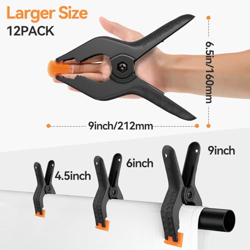 EMART 12 Pack Heavy Duty Spring Clamps 9 Inch Plastic Large Professional Backdrop Clips Clamps for Backdrop Stand, Photography Studio, Balloon arch, Photoshoot, Woodworking, Crafts, Pool Cover - color: Black and Yellow, size: 9inch