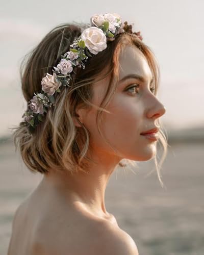 Greenery Flower Crown for Girls White Floral Holo Hair Headpiece bride Wreath Bridemaid Crown Rustic Wedding Women Garland Photo Prop Headband for Adult - color: Adult Size