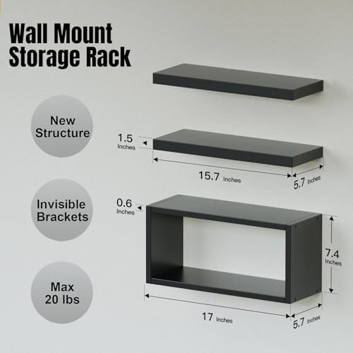 RICHER HOUSE Black Floating Shelves Set of 3, Modern Bathroom Shelves Wall Mounted Shelves for Wall Decor, Over Toilet Black Wall Shelves for Bathroom Bedroom, Living Room, Kitchen - color: Black, size: 2+1