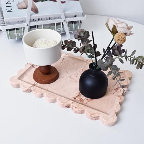 Yew & Tulip Natural Marble Vanity Tray with Scalloped Rim, Nature Rose Pink Luxury Stone Serving Tray for Bathroom, Kitchen, Vanity, Home Decor, Wedding etc. (12"x 8" x 0.6") - color: Scalloped Pink