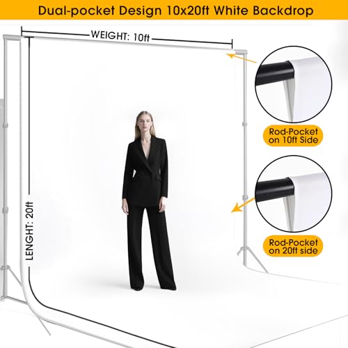 CPLIRIS 10x20ft White Backdrop for Photography, Dual-Size Dual-Pocket Design Photo Booth Background for Portrait Photoshoot, Party and Video with Both Options of 10 feet and 20 feet in Width - color: White, size: 10x20ft