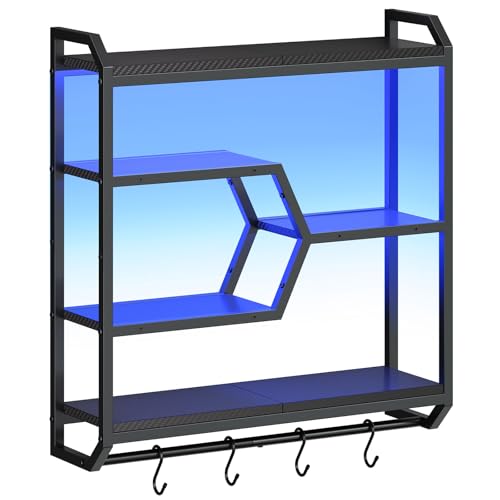 HOOBRO Gaming Floating Shelf with LED Lights, 27.5" LED Wall Mounted Shelf with Hanging Rod & 4 S-Hooks, 4-Tier Hanging Display Rack, for Living Room, Gaming Room, Black BB71DBJ01 - color: Black