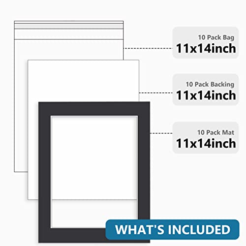 Somime 10 Pack Black Picture Frame 11x14 Mat Board,White Core Bevel Cut Mats 8.5x11, Whole Frame Mat Kit Includes 10 Picture Photo Mattes & 10 Backings & 10 Krystal Sleeve Bags - size: 11x14 10pack black complete set for 8.5x11