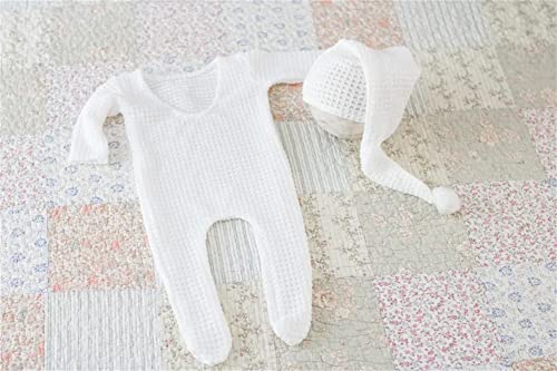 Coberllus Newborn Photography Props Outfit Fabric Sleepy Knot Hat & Footed Romper Bodysuit for Baby Boys Girls Photoshoot - color: Off-white