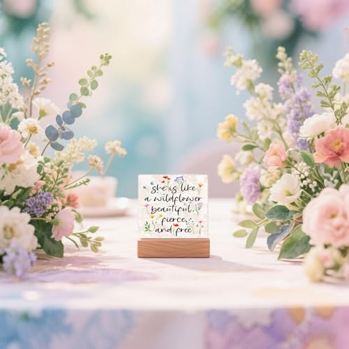 Wildflower Desk Decor Signs, Wildflowers Party & Baby Shower Decorations, Birthday Gifts for Girls, Wild Flower Nursery Decor, "She is Like a Wildflower Beautiful Fierce and Free" Sign - color: Flower02
