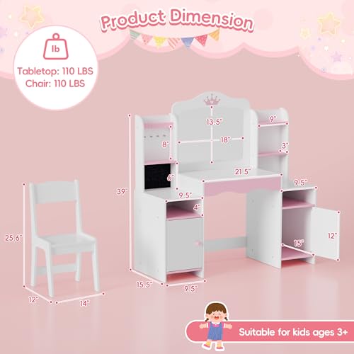 MU Kids Vanity, Girl Vanity Set with Mirror and Stool, 2 in 1 Toddler Makeup Vanity Table with Jewelry Storage, Wooden Princess Makeup Desk Dressing Table for Little Girls, (White) - color: White