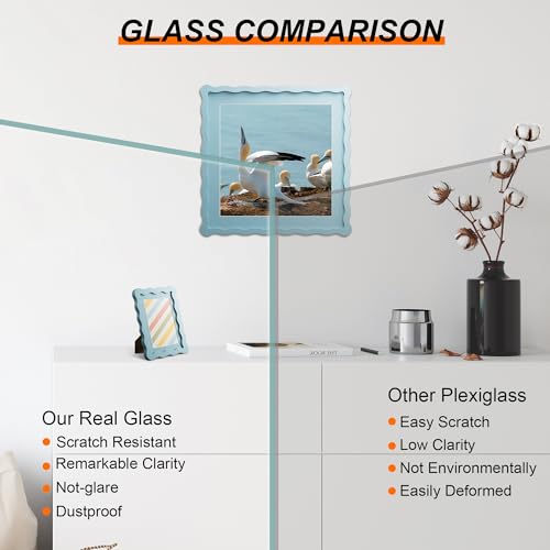 8x8 Picture Frame with Mat for 6x6, Wavy Edge Wooden Real Glass Photo Frame for Tabletop and Wall Hanging, Blue, 1 Pack - color: Blue, size: 8x8 in
