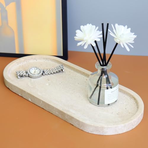 OOBOOB Oval Natural Marble Bathroom Tray for Decor Countertop, Marble Vanity Tray for Candles Perfume, Jewelry, Cosmetics, Elegant Vanity Organizer for Jewelry, Perfume - color: Travertine Beige, size: 9.84*4.72*0.7