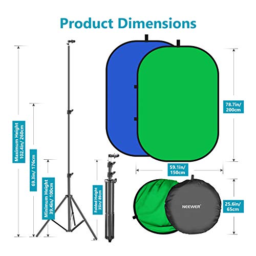 Neewer 5x7ft/1.5x2m Chromakey Foldable Backdrop with Stand 8.5ft/2.6m, 2-in-1 Reversible Green Blue Green Background Panel for Photography Studio, Live Streaming, Video Calls, Games - color: Blue+Green