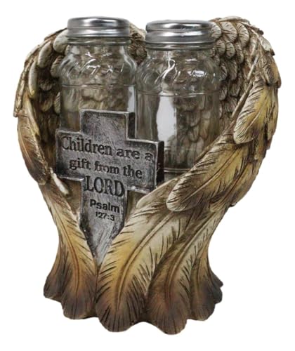Ebros Gift Decorative Holy Cross Children Are A Gift From The Lord Psalms 127:3 Angel Wings Salt And Pepper Shakers Holder Set in Spiritual Religious Christian Decor Sculpture Kitchen Dining Accent