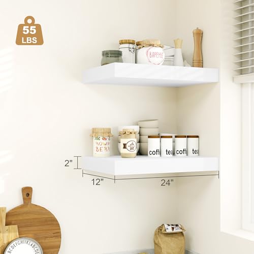 Heimlove 12" Deep White Floating Shelves for Wall, 24 Inch Wall Shelf Bathroom Shelves Set of 1, Mounted Shelves for Books Living Room Laundry Room Bedroom Kitchen Home Office - color: White, size: 23.6"W x 11.6"D x 2"H, 1 Pack