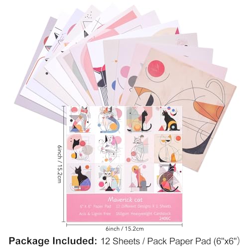 12 Sheets Scrapbook Paper Pads, 12 Designs 6"x6" Single Sides Patterned CardStock Papers, 160gsm Decorative Background Craft Paper, Scrapbooking Pad for Card Making DIY Projects (Maverick cat) - color: Maverick cat